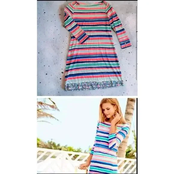 Lilly Pulitzer Sophie Shift Dress Sandy Shells 3/4 Sleeve Multi-Color Striped XS - Picture 16 of 16